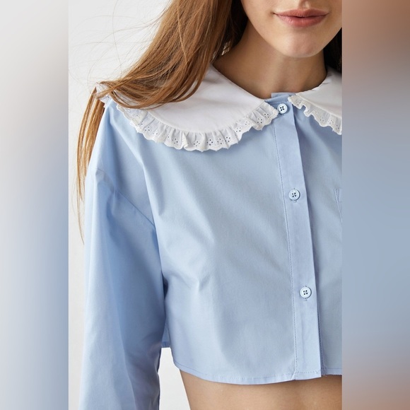 J.ING Blue with White Collar Button Down Long Sleeve Crop Shirt Top Size L NWT - Picture 9 of 10